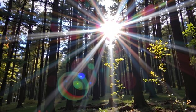 the sun is shining through gaps in the canopy of leaves, creating beams of light known as crepuscular rays or god rays,   a dense forest is visible