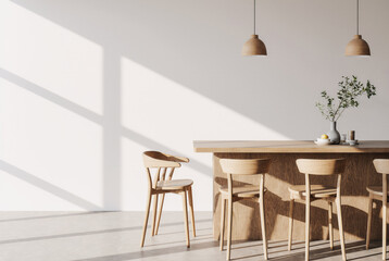 Fototapeta premium A dining room with a breakfast bar and chairs in light wood finishes