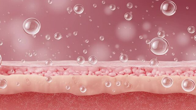 Hydrated skin layers with water bubbles showing moisture absorption and soft texture in close up macro cross section illustration detailed view