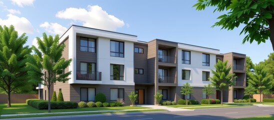Fototapeta premium Modern apartment building exterior concept. Modern apartment complex surrounded by trees and blue skies.