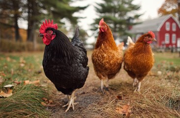 Three hens, a black rooster, and a rustic red barn create a charming autumn farm scene.
