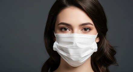Young Woman Wearing White Protective Mask with Serious Expression Against Dark Grey Background