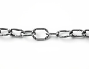 Obraz premium the image shows a metal chain with multiple links extending from a central point against a white background, the chain is made of linked rings and appears shiny and metallic