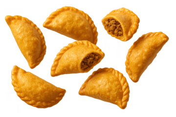 Savory golden-brown empanadas with filling isolated on transparent background.