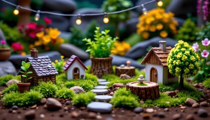 the image presents a charming miniature garden diorama set against a backdrop that resembles an actual garden, at the forefront, there are three small houses arranged in a row