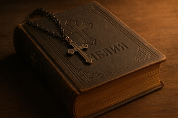 Fototapeta premium Orthodox christian bible with metal cross necklace on wooden table illuminated by warm light symbolizing faith and tradition