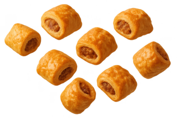 Delicious golden mini sausage rolls isolated on transparent background, savory snack