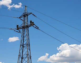 Obraz premium the image features a tall power line tower standing against a clear blue sky with a few scattered clouds, the tower is made of metal and has multiple horizontal supports