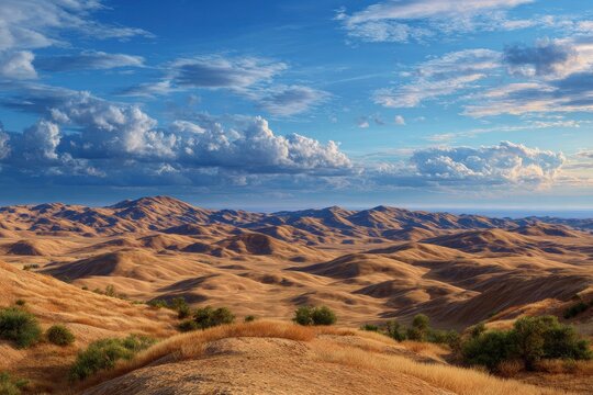 Golden rolling hills bathed in warm sunlight under a vast expanse of dramatic blue sky with fluffy clouds
