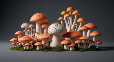 Vibrant Assorted Mushrooms Growing on Green Moss Against a Dark Background Natural Organic Cluster