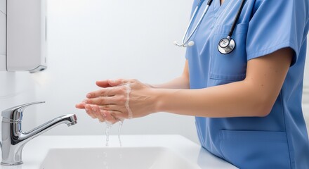 Medical Professional Washing Hands with Soap Lather at Sink in Blue Scrubs