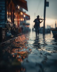 A close-up of the street, the man is playing his violin in front of an old restaurant. It's raining, and there are reflections on the puddles. Blurry people are walking by on the sidewalk.