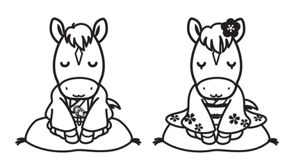 Naklejka premium 和服を着たかわいい馬の夫婦のイラスト、午年の年賀状素材（モノクロ線画）