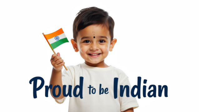 Young Indian boy smiling and holding flag of India proudly