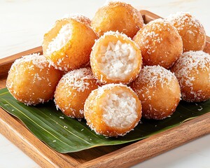 Thai Khanom Buang with Coconut Filling arranged on banana leaf over wooden tray, golden hour light highlighting crispy texture and coconut fluff