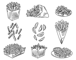 Vector set of french fries, potato slices. Fast food Unhealthy food