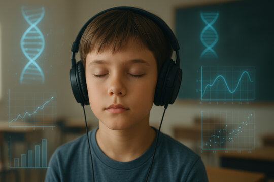 Curious boy with headphones immersed in music and science, surrounded by futuristic digital dna and data graphs in classroom