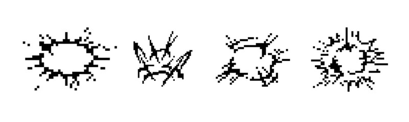 Collection of pixel art icons explosion shapes with distinct cracked edges.