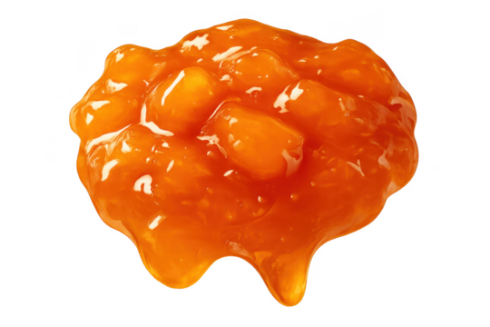 Thick orange peach jam with fruit pieces isolated on transparent background