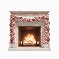 Festive Christmas Fireplace with Candy Cane Decor and Burning Fire