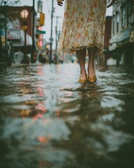 A woman in vintage walks along the wet street, her shoes creating ripples on the puddles of water. The city's streets reflect the rainwater around her as she navigates through the rainy day.