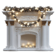 Elegant White Fireplace Mantel Decorated with Christmas Garland and Lights