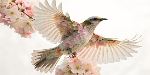 A delicate bird with wings made of cherry blossoms takes flight amidst a blooming cherry branch