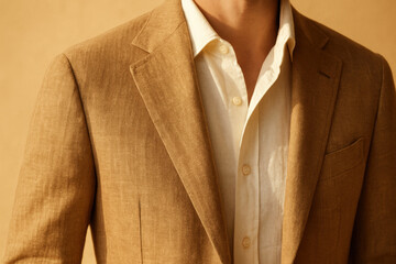 Man wearing light brown linen blazer and white dress shirt in soft natural lighting against a warm neutral background