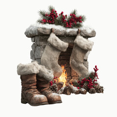 Cozy Christmas Fireplace Scene with Stockings and Boots