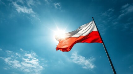 A realistic Polish flag waving in the wind under a bright blue sky, national pride, vivid red and white colors,