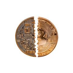 Bitcoin coin split in half isolated on transparent background