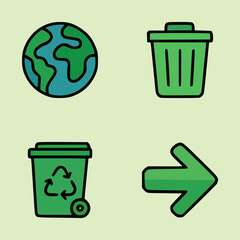 Simple eco-themed vector illustration with recycling bin, planet Earth, waste container, and direction arrow