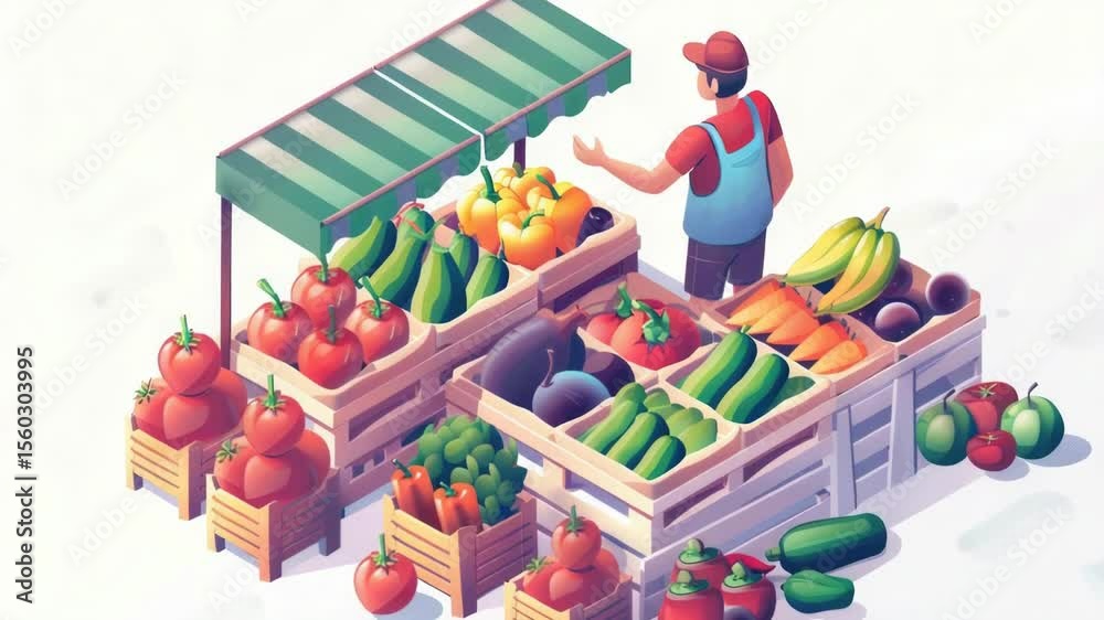 Poster a person standing in front of a colorful fruit and vegetable stand, with fresh produce on display