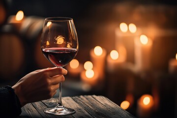 Sommelier's hand holding a glass of fine red wine in a dimly lit cellar capturing the essence of wine tasting intimate atmosphere closeup view