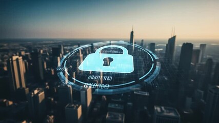 City Skyline with Digital Security Lock Icon - Powered by Adobe