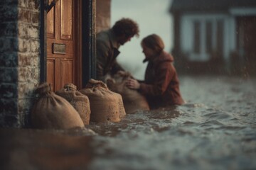 A man and woman stand in the doorway of their house, with sandbags placed around it to protect them from the rising water level outside. 