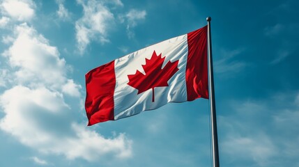 Canadian flag with iconic maple leaf symbol, bold red and white colors on a cloudy sky,