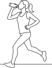 continuous one line art hand drawn of female runner drinking water vector art illustration