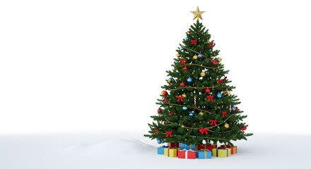 Festive Decorated Christmas Tree with Gifts in Snow