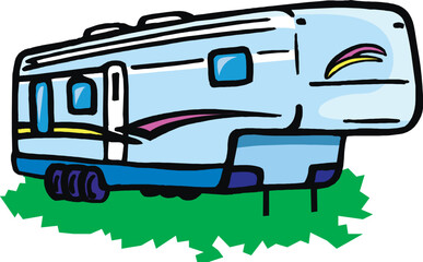 fifth-wheel camper trailer parked on green grass. The RV features vibrant accent designs in purple and yellow, three wheels on each side, and a raised front section designed for hitching to a truck. 