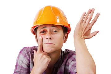 Woman with bruise on face in protective helmet.