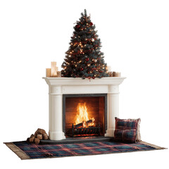 Cozy Christmas Fireplace with Decorated Tree and Plaid Rug