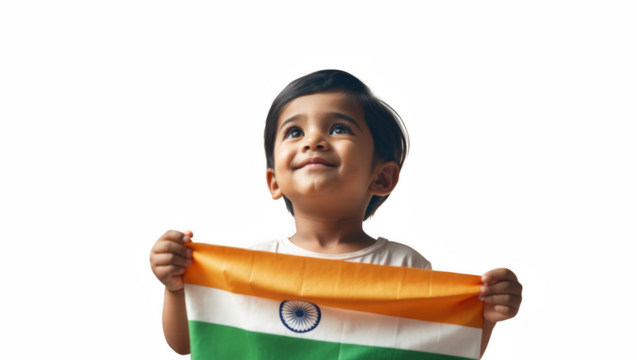 Smiling Indian boy holding flag with pride on white background