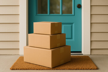 Cardboard packages stacked on a welcome mat in front of a turquoise door, showcasing home delivery and shipping convenience