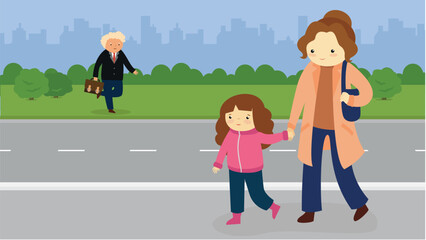 Vector illustration of a family walking on the street with parents and children