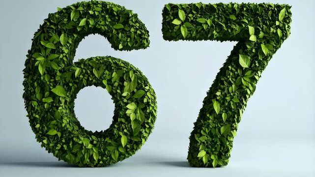 Botanical arrangement featuring the number sixty-seven, crafted entirely from vibrant green foliage on a soft backdrop. - Powered by Adobe