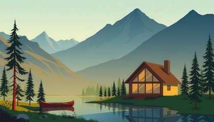 Fototapeta premium serene lakeside cabin surrounded by tall pine trees and majestic mountains, with red canoe resting on shore. tranquil water reflects natural beauty of landscape.