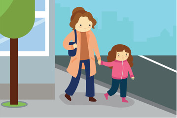 Mother and daughter walking in the city. Vector illustration in flat style