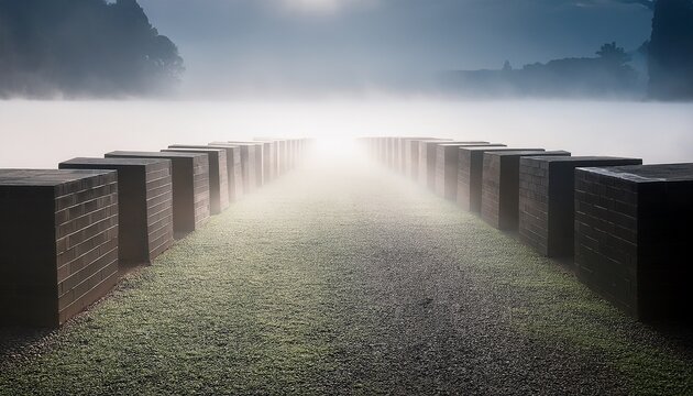 rows of blocks fade into mist