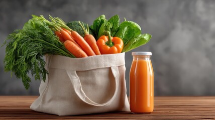 fresh vegetable in the bag and juice bottle